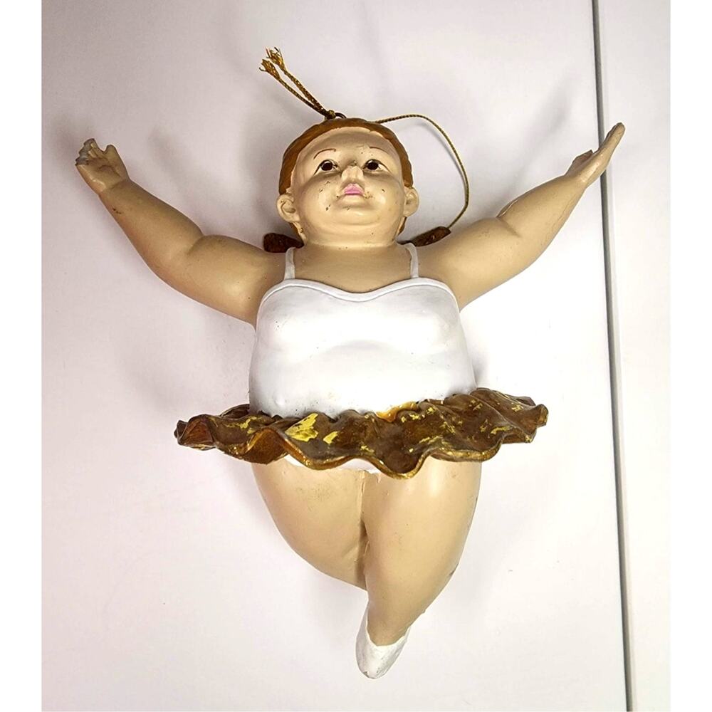 Chubby Cherub Ballerina Angel Christmas Ornament Gold Tutu Resin Figurine